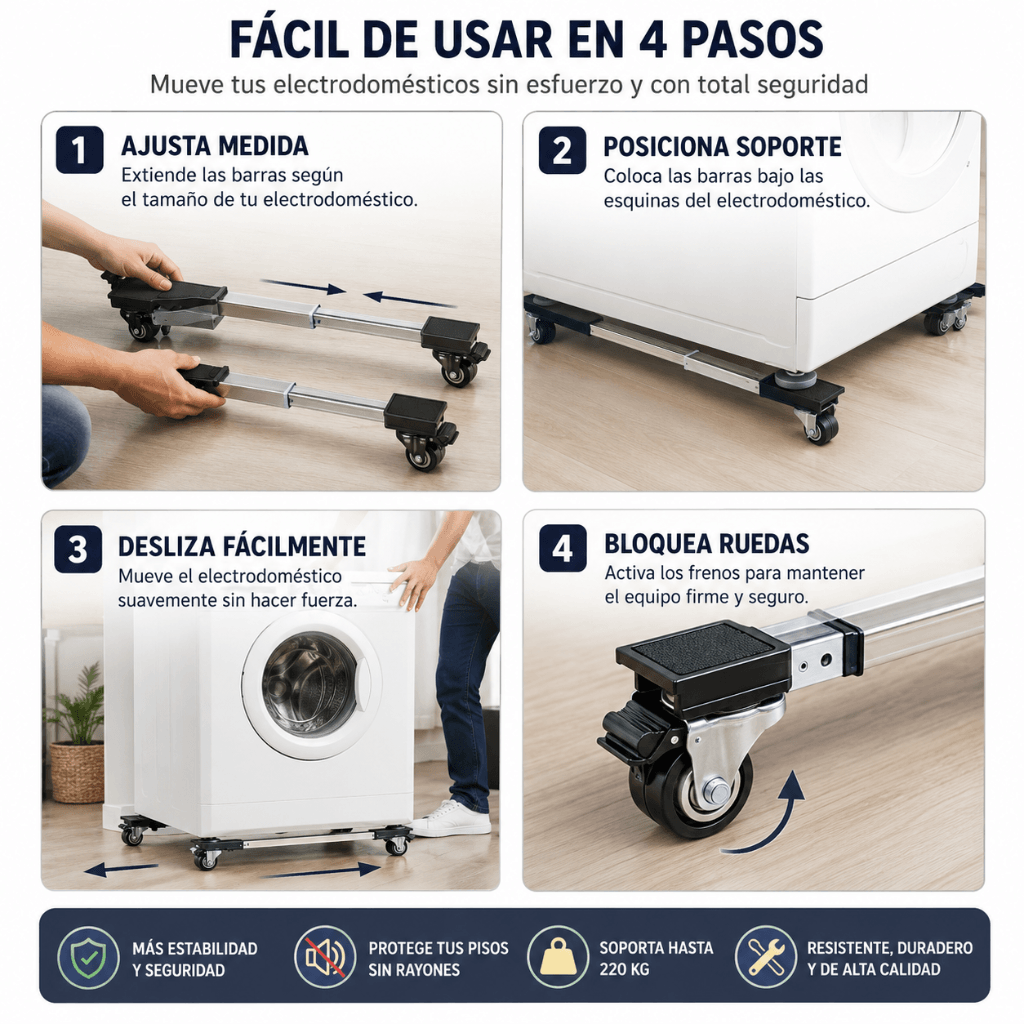 Mueve tus electrodomésticos pesados sin esfuerzo y sin rayar el piso: Soporte electrodomésticos/ 2da unidad 50% OFF