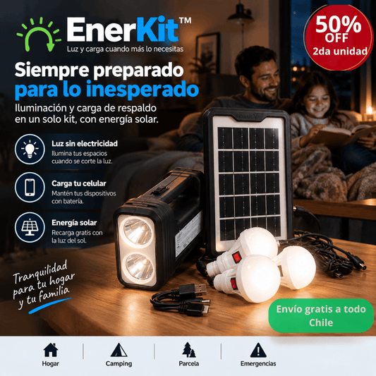 Luz y carga cuando más lo necesitas: Kit Solar Emergencia Recargable EnerKit™/ 2da unidad 50% OFF