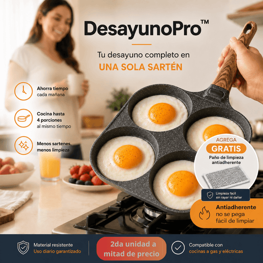 Cocina 4 porciones a la vez : Sartén Antiadherente DesayunoPro™ / Agrega GRATIS paño limpieza antiadherente
