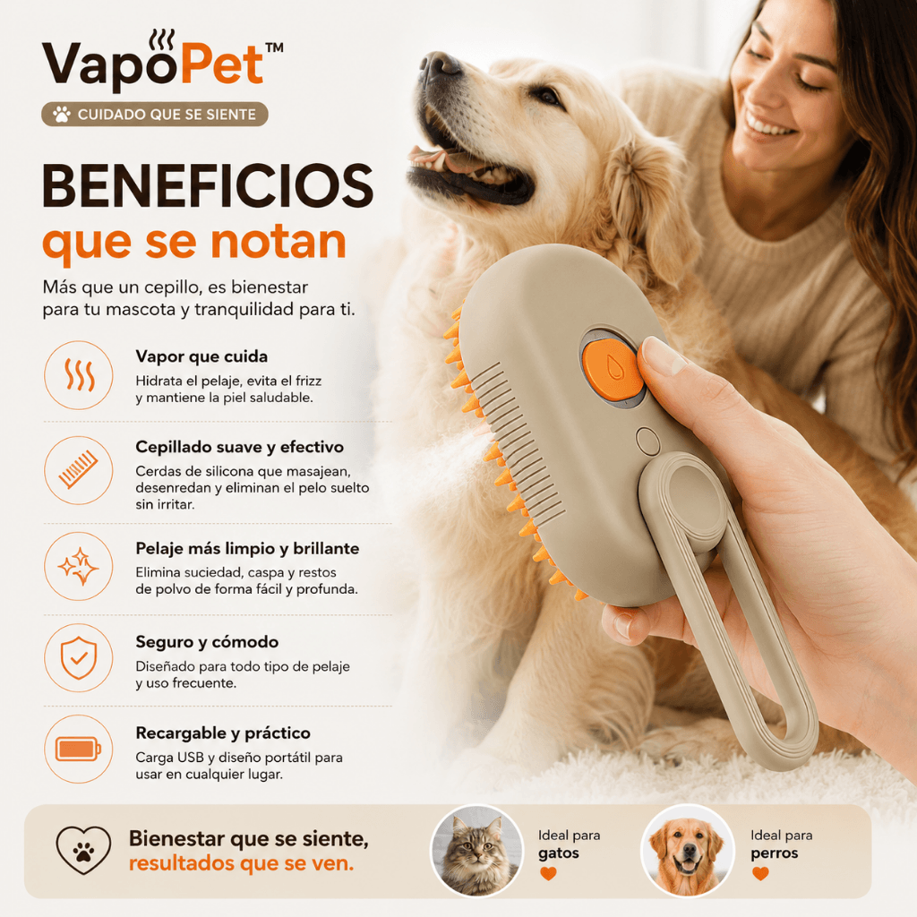 Cepillado fácil y pelaje más limpio: Cepillo VapoPet™ 3 en 1 / Oferta 2X1
