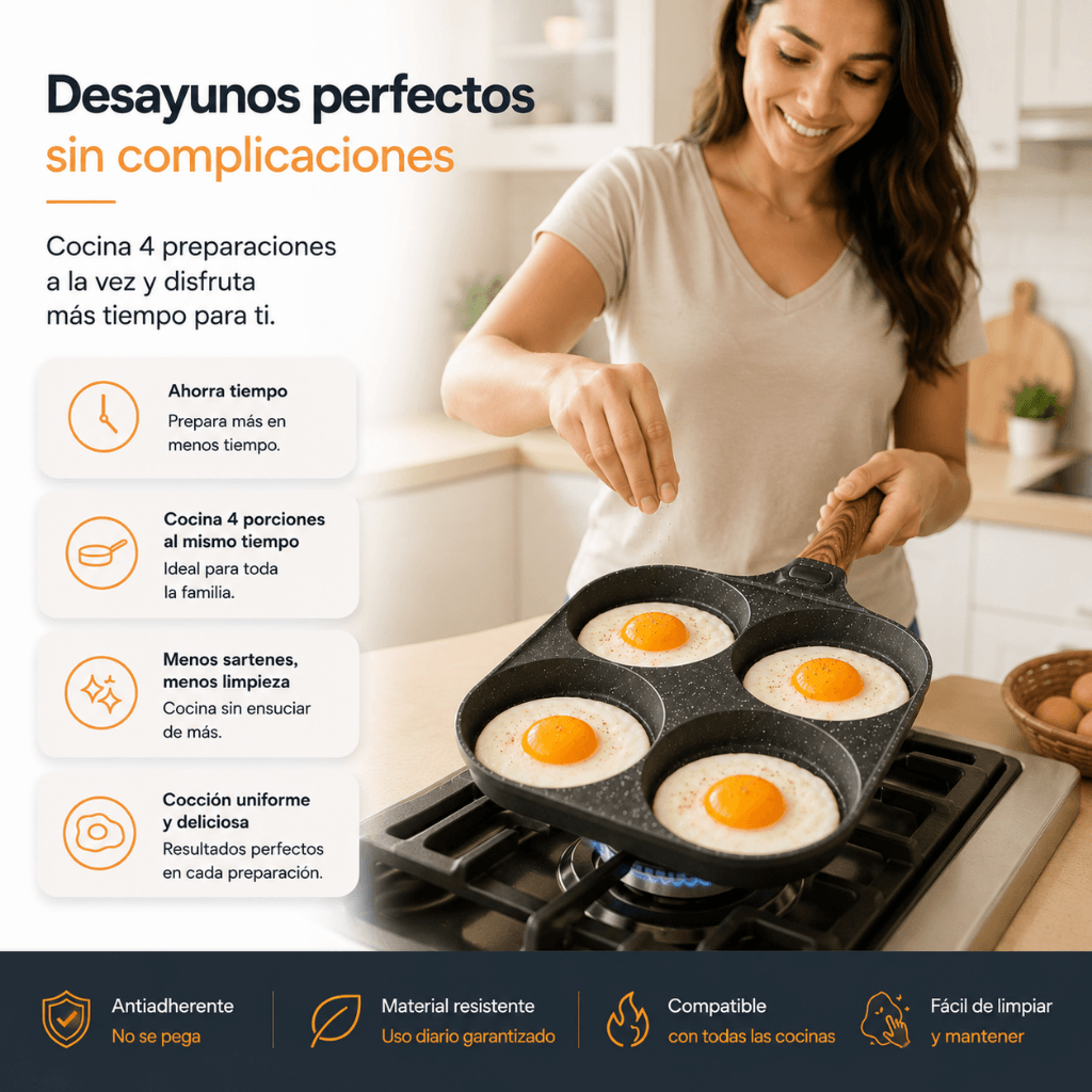 Cocina 4 porciones a la vez : Sartén Antiadherente DesayunoPro™ / Agrega GRATIS paño limpieza antiadherente