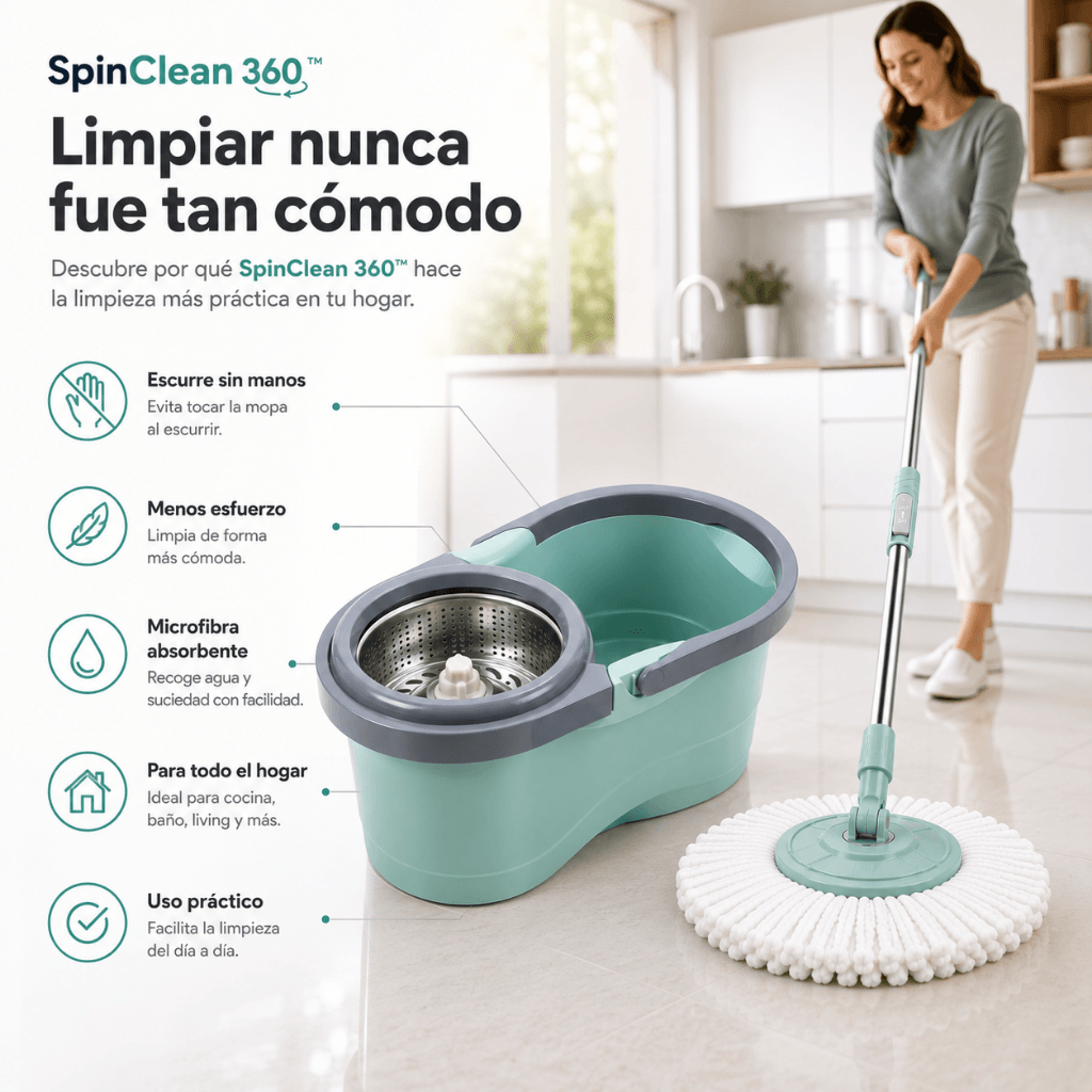 Limpia y escurre sin esfuerzo: Mopa giratoria SpinClean 360™ /2da unidad 50%OFF