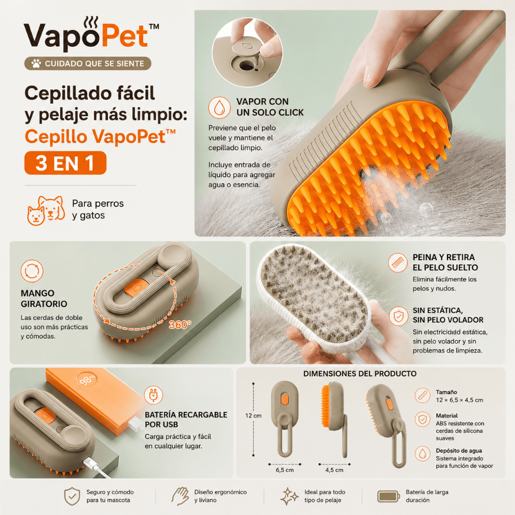 Cepillado fácil y pelaje más limpio: Cepillo VapoPet™ 3 en 1 / Oferta 2X1
