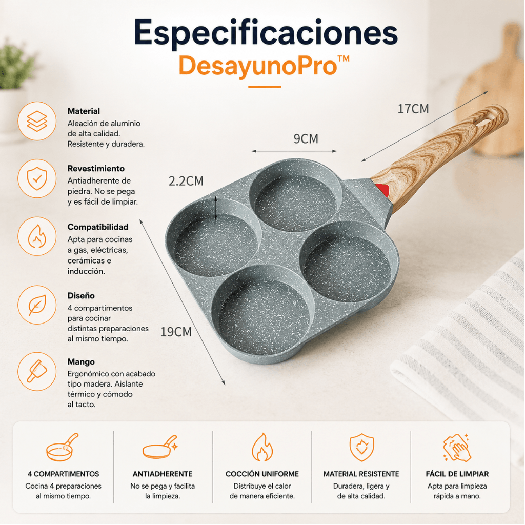 Cocina 4 porciones a la vez : Sartén Antiadherente DesayunoPro™ / Agrega GRATIS paño limpieza antiadherente