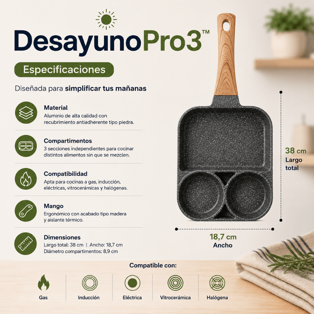 Prepara más en menos tiempo: Sartén Antiadherente 3 en 1 DesayunoPro3™ /2da unidad 50%OFF