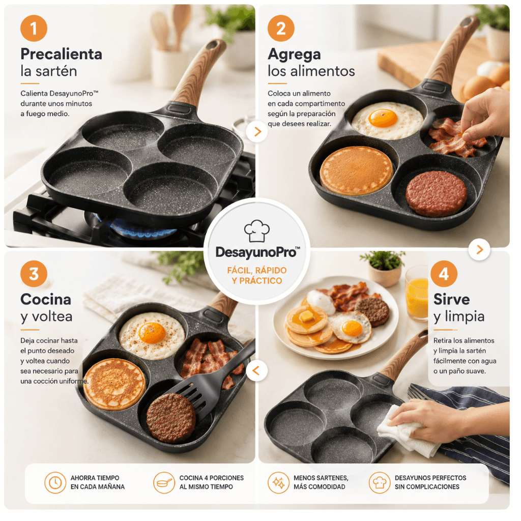 Cocina 4 porciones a la vez : Sartén Antiadherente DesayunoPro™ / Agrega GRATIS paño limpieza antiadherente