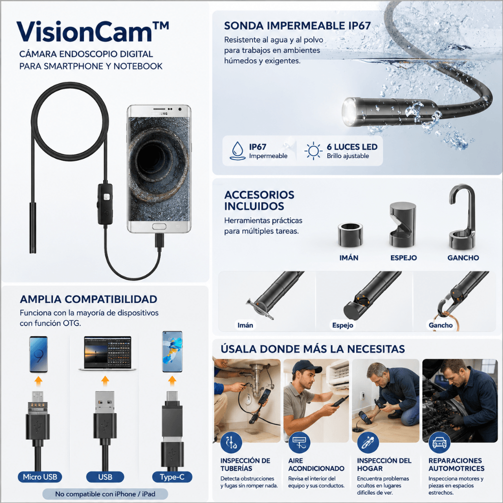 Mira dónde tus ojos no pueden llegar: Cámara Endoscópica VisionCam™ /2da unidad 50%OFF