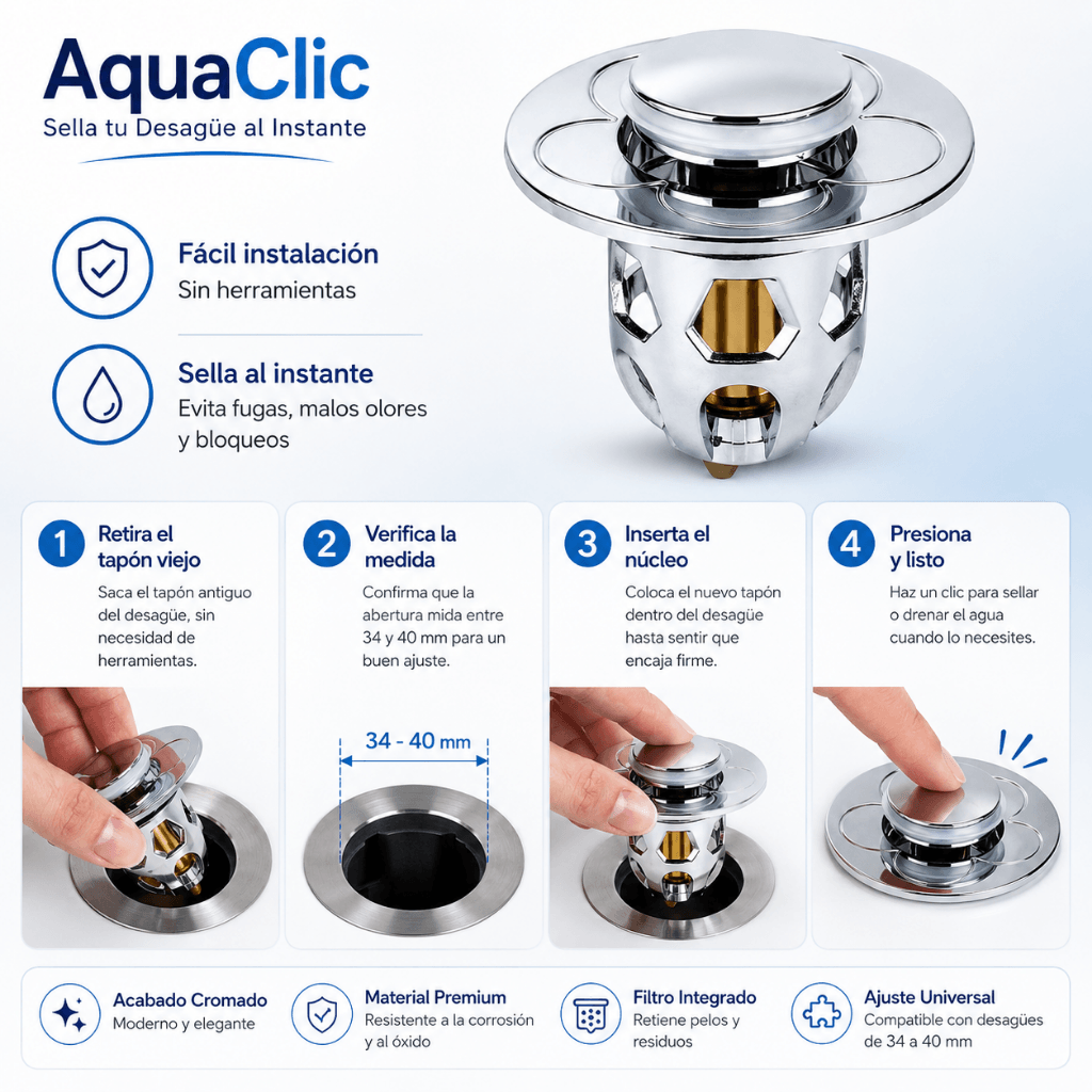 Sella tu Desagüe al Instante: Tapón Núcleo con Rebote AquaClic - Oferta 2x1
