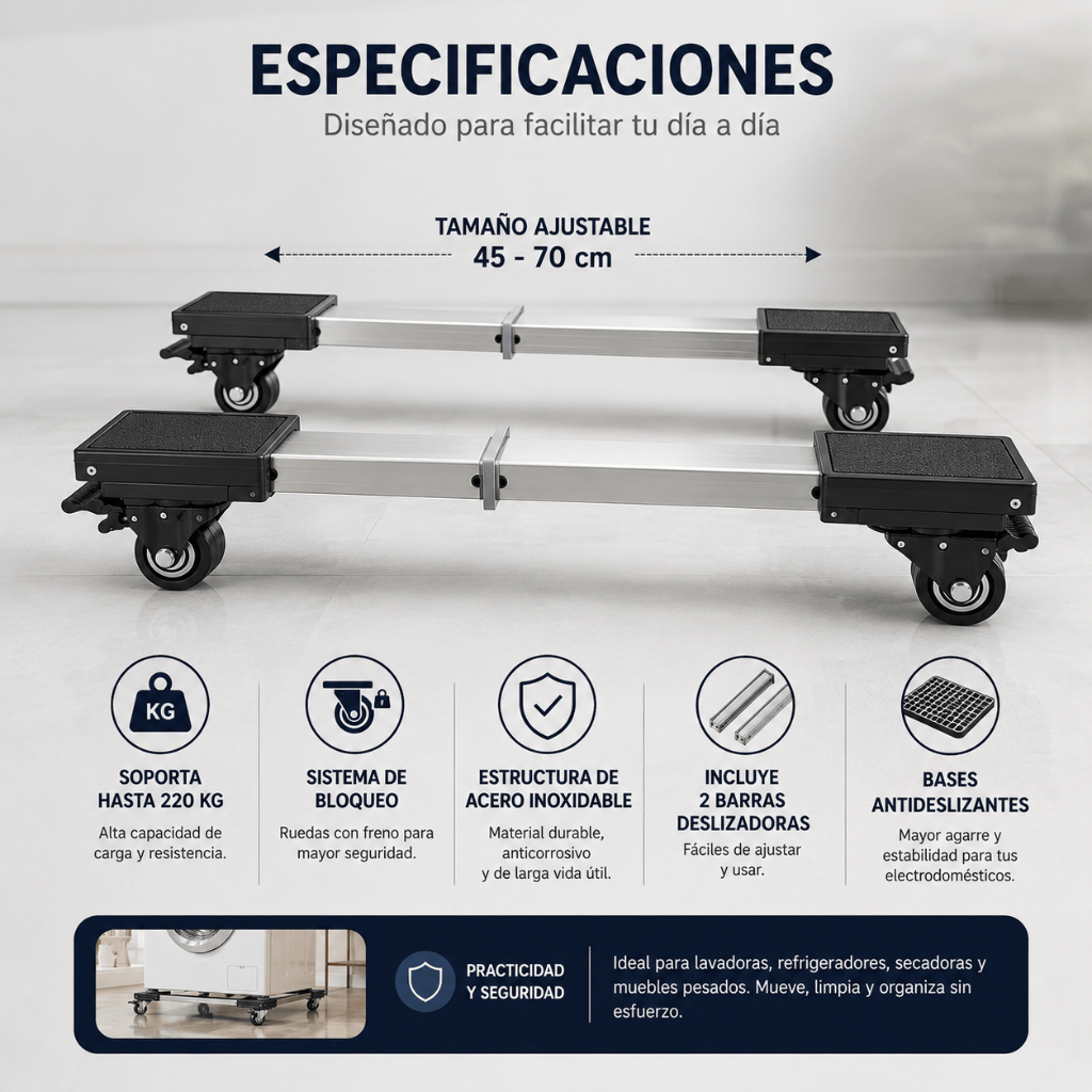 Mueve tus electrodomésticos pesados sin esfuerzo y sin rayar el piso: Soporte electrodomésticos/ 2da unidad 50% OFF